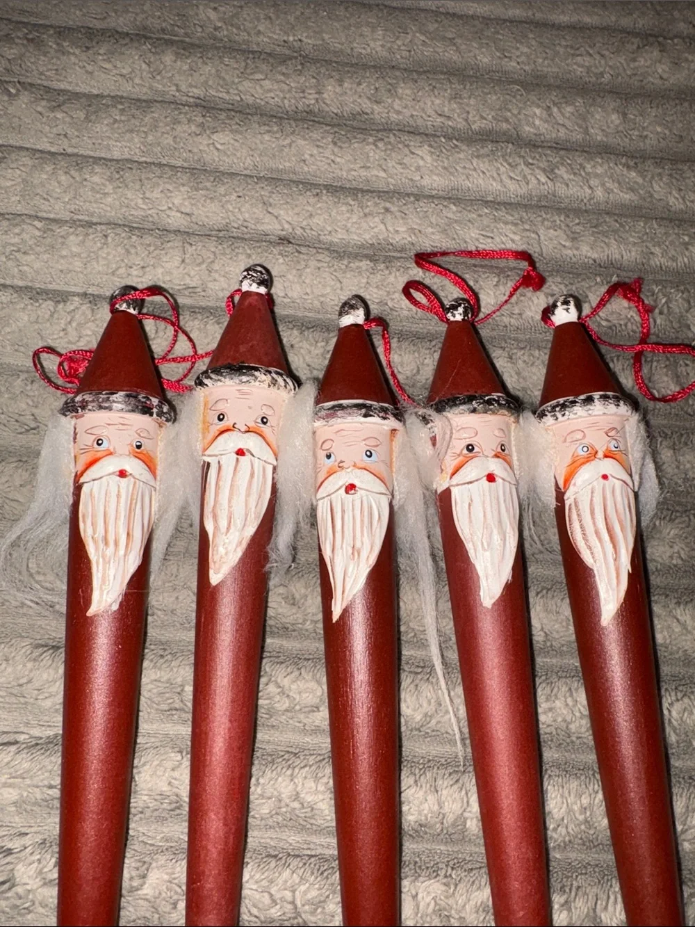 Vintage Set of 5 hand painted wooden icicle Santa Claus ornaments